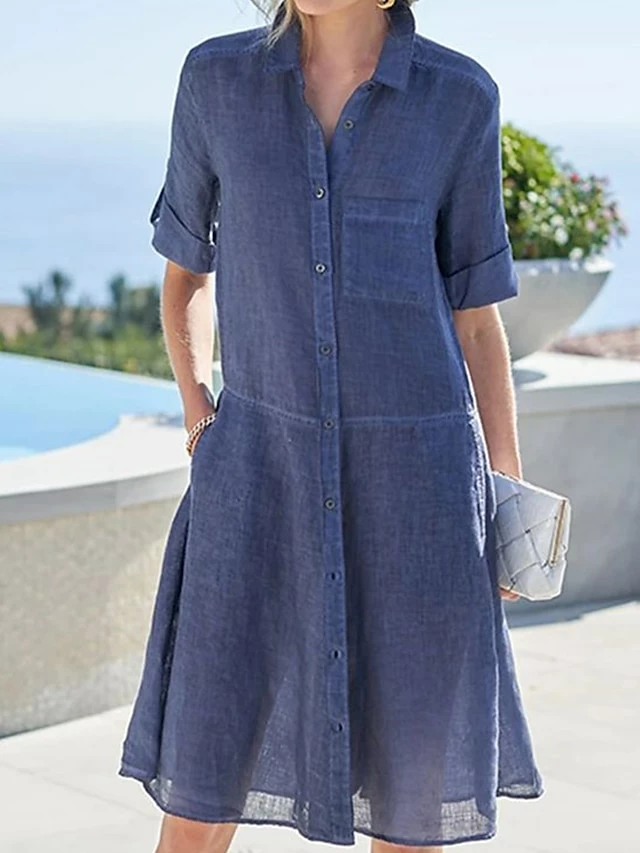 Women's Shirt Dress Casual Dress Cotton Linen Dress Midi Dress Linen / Cotton Blend Fashion Modern Outdoor Daily Vacation Shirt Collar Button Pocket Half Sleeve Summer Spring Fall 2023 Loose Fit Blue 3 Women's Shirt Dress Casual Dress Cotton Linen Dress Midi Dress Linen / Cotton Blend Fashion Modern Outdoor Daily Vacation Shirt Collar Button Pocket Half Sleeve Summer Spring Fall 2023 Loose Fit Blue