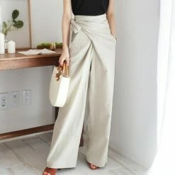 Women's Dress Pants Culottes Wide Leg Wide Leg Full Length Faux Linen Side Pockets Baggy Mid Waist Fashion Party Casual Black Khaki M L Summer Spring &Fall
