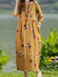 Women's Casual Dress Cotton Linen Dress Swing Dress Midi Dress Linen / Cotton Blend Sweet Style Modern Outdoor Daily Holiday Crew Neck Print 3/4 Length Sleeve Fall Winter Autumn 2023 Loose Fit Yellow -LIGHTINTHEBOX Shop gxnjbg1693553159584