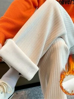 Women‘s Fleece Corduroy Pants Wide Leg Chinos Full Length Fashion Casual Outdoor Home Black Beige One-Size Fall Winter