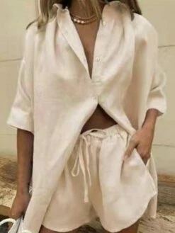 Women's Shirt Shorts Sets Black White Blue Plain Half Sleeve Casual Daily Streetwear Shirt Collar Regular Fit Fall & Winter