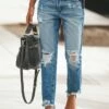 Women‘s Low Rise Jeans Pants Trousers Distressed Ankle-Length Denim Side Pockets Cut Out Micro-elastic Mid Waist Fashion Casual Weekend Black Blue S M Summer Spring & Fall