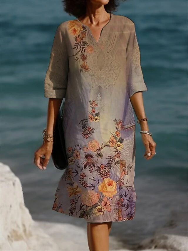 Women's Casual Dress Summer Dress Print Dress Floral Print V Neck Mini Dress Fashion Streetwear Outdoor Daily 3/4 Length Sleeve Loose Fit Yellow Blue Purple Summer Spring S M L XL XXL 5 Women's Casual Dress Summer Dress Print Dress Floral Print V Neck Mini Dress Fashion Streetwear Outdoor Daily 3/4 Length Sleeve Loose Fit Yellow Blue Purple Summer Spring S M L XL XXL - Image 3