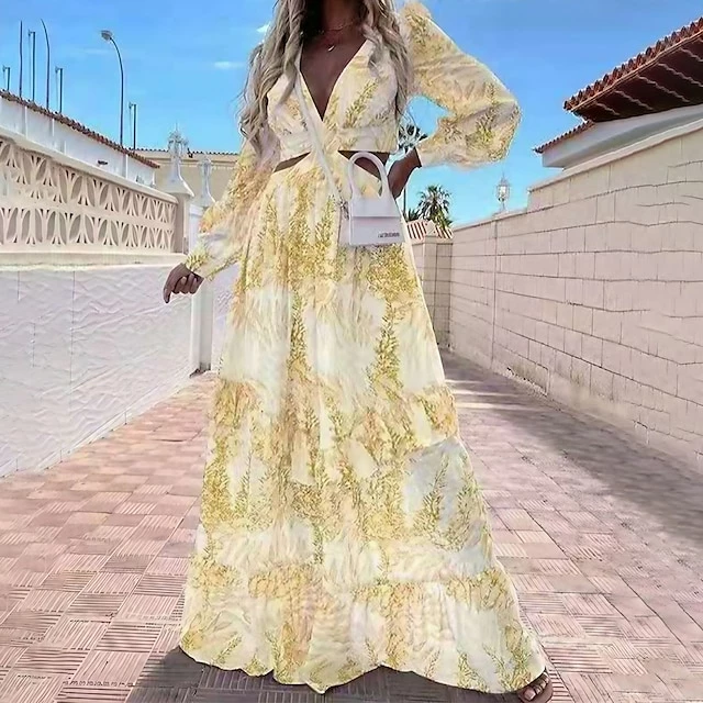 Women's Swing Dress Maxi Long Dress Light Purple Green Blue Yellow Long Sleeve Print Hollow Out Spring Summer V Neck Stylish Elegant Vacation 2023 S M L XL XXL 3 Women's Swing Dress Maxi Long Dress Light Purple Green Blue Yellow Long Sleeve Print Hollow Out Spring Summer V Neck Stylish Elegant Vacation 2023 S M L XL XXL