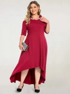 Women‘s Plus Size Curve Party Dress Swing Dress Formal Dress Solid Color Midi Dress Half Sleeve Hollow Out Plus High Low V Neck Elegant Party Black White Summer Spring L XL XXL 3XL 4XL