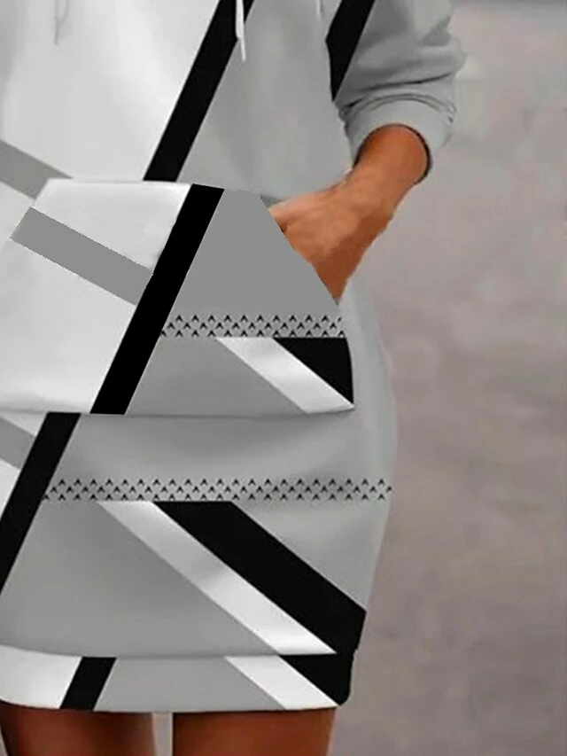 Women's Casual Dress Hoodie Dress Mini Dress Active Daily Outdoor Home Holiday Crew Neck Print Geometric Regular Fit Black S M L XL XXL 5 Women's Casual Dress Hoodie Dress Mini Dress Active Daily Outdoor Home Holiday Crew Neck Print Geometric Regular Fit Black S M L XL XXL - Image 3