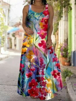 Women‘s Plus Size Curve Casual Dress Strap Dress Floral Coconut Tree Long Dress Maxi Dress Sleeveless Print Strap Fashion Outdoor Navy Blue Blue Summer Spring L XL XXL 3XL 4XL -LIGHTINTHEBOX Shop gztegx1684480036937