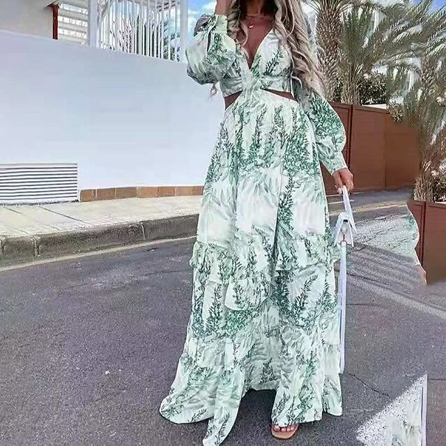 Women's Swing Dress Maxi Long Dress Light Purple Green Blue Yellow Long Sleeve Print Hollow Out Spring Summer V Neck Stylish Elegant Vacation 2023 S M L XL XXL 4 Women's Swing Dress Maxi Long Dress Light Purple Green Blue Yellow Long Sleeve Print Hollow Out Spring Summer V Neck Stylish Elegant Vacation 2023 S M L XL XXL - Image 2