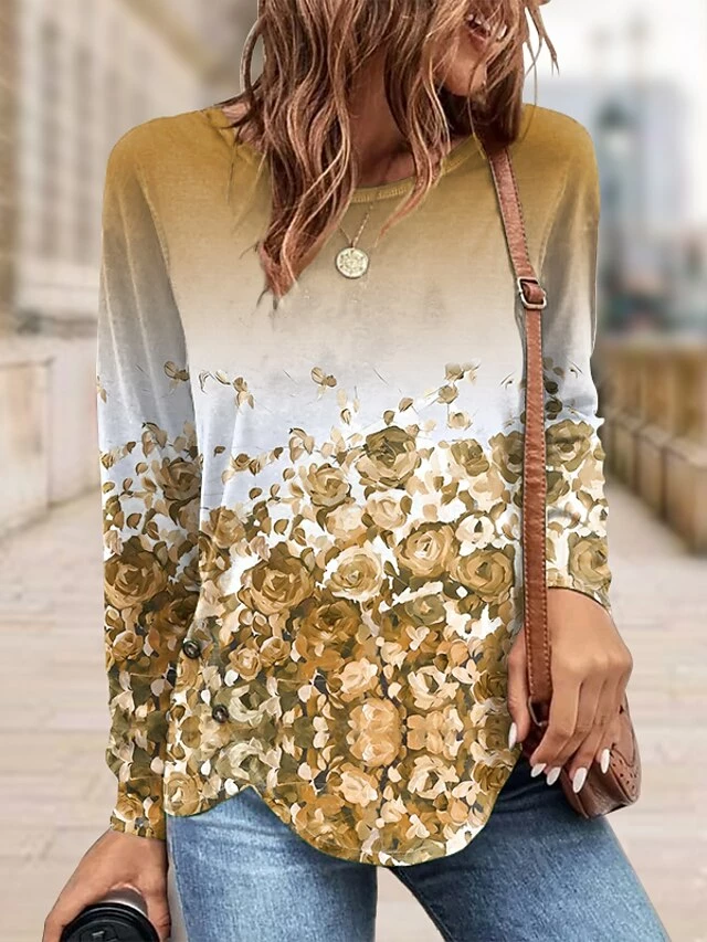 Women's T Shirt Tee Christmas Shirt Yellow Pink Blue Floral Print Long Sleeve Holiday Weekend Basic Christmas Round Neck Regular Fit Floral Painting Spring &Fall 4 Women's T Shirt Tee Christmas Shirt Yellow Pink Blue Floral Print Long Sleeve Holiday Weekend Basic Christmas Round Neck Regular Fit Floral Painting Spring &Fall - Image 2