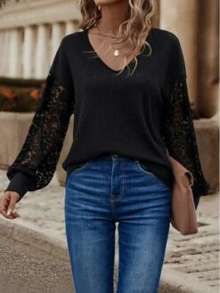 Women's Shirt Blouse Black White Plain Lace Long Sleeve Casual Basic V Neck Regular Fit 11 Women's Shirt Blouse Black White Plain Lace Long Sleeve Casual Basic V Neck Regular Fit -LIGHTINTHEBOX Shop hacxtr1692790574339