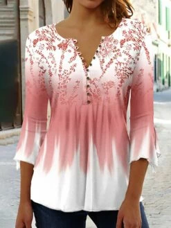 Women's Shirt Blouse Yellow Pink Red Floral Button Print 3/4 Length Sleeve Holiday Basic Neon & Bright Round Neck Regular Fit Floral -LIGHTINTHEBOX Shop hagssv1683027781944