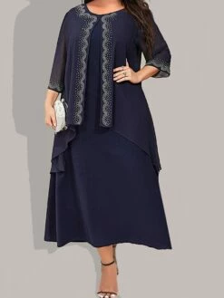 Women's Plus Size Curve Party Dress Two Piece Dress Chiffon Dress Plain Long Dress Maxi Dress 3/4 Length Sleeve Crew Neck Fashion Party Dark Blue Fall Winter L XL XXL 3XL 4XL -LIGHTINTHEBOX Shop hahush1696760821290