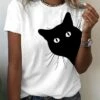Women's T Shirt Tee 100% Cotton White Yellow Pink Cat 3D Print Short Sleeve Casual Weekend Basic Round Neck Regular Fit 3D Cat Painting -LIGHTINTHEBOX Shop hcaiak1649049111757