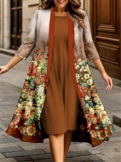 Women's Plus Size Curve Casual Dress Dress Set Two Piece Dress Floral Midi Dress 3/4 Length Sleeve Print Crew Neck Fashion Outdoor Red Blue Fall Winter L XL XXL 3XL 4XL -LIGHTINTHEBOX Shop hczcoa1695362717060