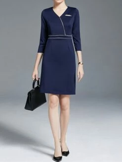 Women's Work Dress Sheath Dress Semi Formal Dress Fashion Office Daily Workfashion Mini Dress Patchwork Zipper V Neck 3/4 Length Sleeve Plain Regular Fit Navy Blue Fall Winter S M L XL XXL -LIGHTINTHEBOX Shop hetpex1695030989277