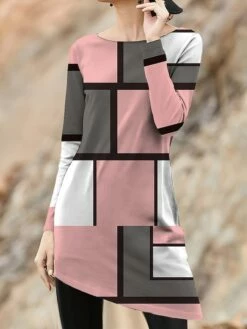 Women's Work Dress Casual Dress Fashion Winter Dress Daily Mini Dress Print Crew Neck Long Sleeve Geometric Plaid Regular Fit Pink Green Gray Fall Winter S M L XL XXL