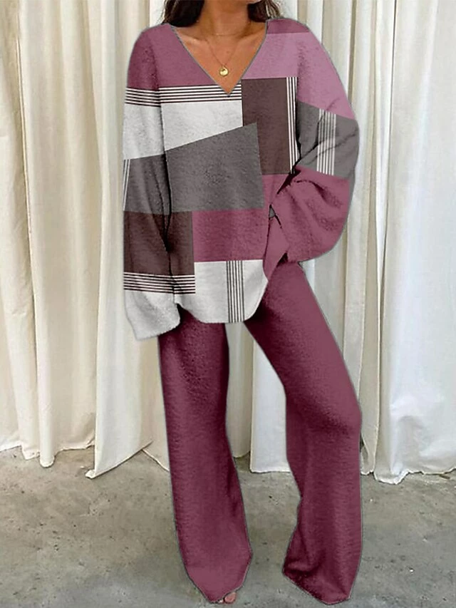 Women's Shirt Pants Sets Red Green Khaki Color Block Print Long Sleeve Casual Daily Fashion V Neck Regular Fit Spring &Fall 5 Women's Shirt Pants Sets Red Green Khaki Color Block Print Long Sleeve Casual Daily Fashion V Neck Regular Fit Spring &Fall - Image 3