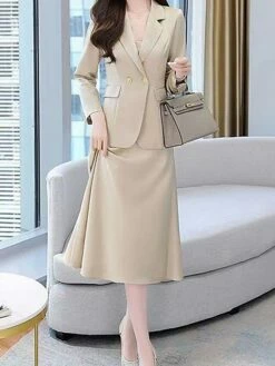 Women's Two Piece Dress Set Work Dress Skirt Set Formal Office Streetwear Elegant Button Pocket Midi Dress Shirt Collar Long Sleeve Plain Regular Fit Black Purple Beige Fall Winter M L XL XXL 3XL -LIGHTINTHEBOX Shop hfjzno1694498845850