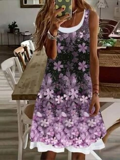 Women's Casual Dress Midi Dress Pink Purple Fuchsia Sleeveless Print Fake Two Piece Summer Spring Crew Neck Casual 2023 S M L XL XXL 3XL -LIGHTINTHEBOX Shop hfykzq1649931777842