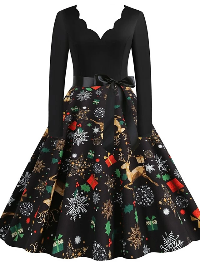 Women's Christmas Casual Dress Swing Dress Vintage Dress Midi Dress Black Wine Orange Long Sleeve Animal Bow Winter Fall Autumn V Neck 2022 S M L XL XXL 3XL 4 Women's Christmas Casual Dress Swing Dress Vintage Dress Midi Dress Black Wine Orange Long Sleeve Animal Bow Winter Fall Autumn V Neck 2022 S M L XL XXL 3XL - Image 2