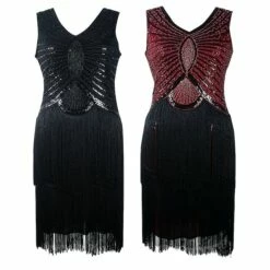 Women's Retro 1920s Fringe Dress Midi Dress Party Halloween Sequins Tassel Fringe Geometric V Neck Sleeveless Regular Fit Spring Fall 2023 Black White S M L XL