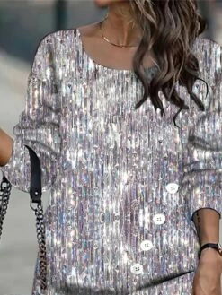 Women's Casual Dress Sheath Dress Print Dress Stripe Ruched Button Crew Neck Mini Dress Fashion Streetwear Outdoor Daily Long Sleeve Loose Fit Silver Gold Spring Fall S M L XL XXL -LIGHTINTHEBOX Shop hhbbei1692772394233