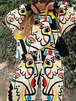 Women's Sweatshirt Pants Sets White Yellow Beige Printing Long Sleeve Daily Vacation Active Streetwear Crew Neck Loose Fit Fall & Winter -LIGHTINTHEBOX Shop hhtzjr1634379340723