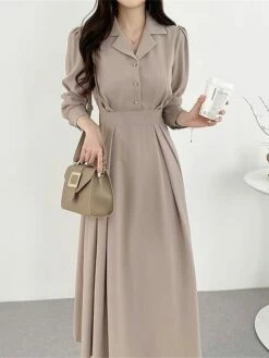 Women's Work Dress Semi Formal Dress A Line Dress Fashion Office Daily Workfashion Midi Dress Ruched Button Shirt Collar Long Sleeve Plain Loose Fit Black Brown Apricot Fall Winter S M L XL -LIGHTINTHEBOX Shop hhxbuy1695805440157