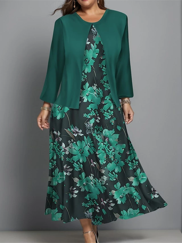 Women's Plus Size Two Piece Dress Set Casual Dress Swing Dress Outdoor Office Fashion Streetwear Print Midi Dress Crew Neck Long Sleeve Floral Regular Fit Burgundy Navy Blue Blue Fall Winter L XL XXL 6 Women's Plus Size Two Piece Dress Set Casual Dress Swing Dress Outdoor Office Fashion Streetwear Print Midi Dress Crew Neck Long Sleeve Floral Regular Fit Burgundy Navy Blue Blue Fall Winter L XL XXL - Image 4