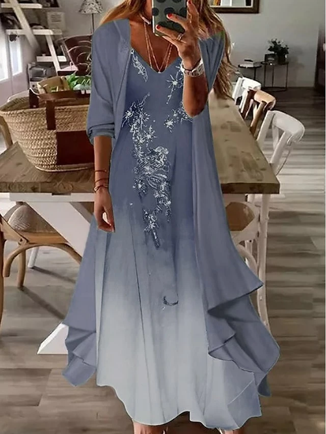 Women‘s Casual Dress Dress Set Two Piece Dress Long Dress Maxi Dress Blue Half Sleeve Print Ruched Summer Spring Fall V Neck Basic Daily Date 2023 S M L XL XXL 3XL 6 Women‘s Casual Dress Dress Set Two Piece Dress Long Dress Maxi Dress Blue Half Sleeve Print Ruched Summer Spring Fall V Neck Basic Daily Date 2023 S M L XL XXL 3XL - Image 4