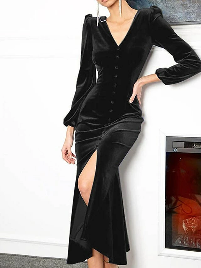 Women‘s Christmas Party Dress Velvet Dress Wedding Guest Dress Midi Dress Black Pink Wine Long Sleeve Pure Color Button Spring Fall Winter V Neck Fashion Winter Dress Office Evening Party 2023 4 Women‘s Christmas Party Dress Velvet Dress Wedding Guest Dress Midi Dress Black Pink Wine Long Sleeve Pure Color Button Spring Fall Winter V Neck Fashion Winter Dress Office Evening Party 2023 - Image 2