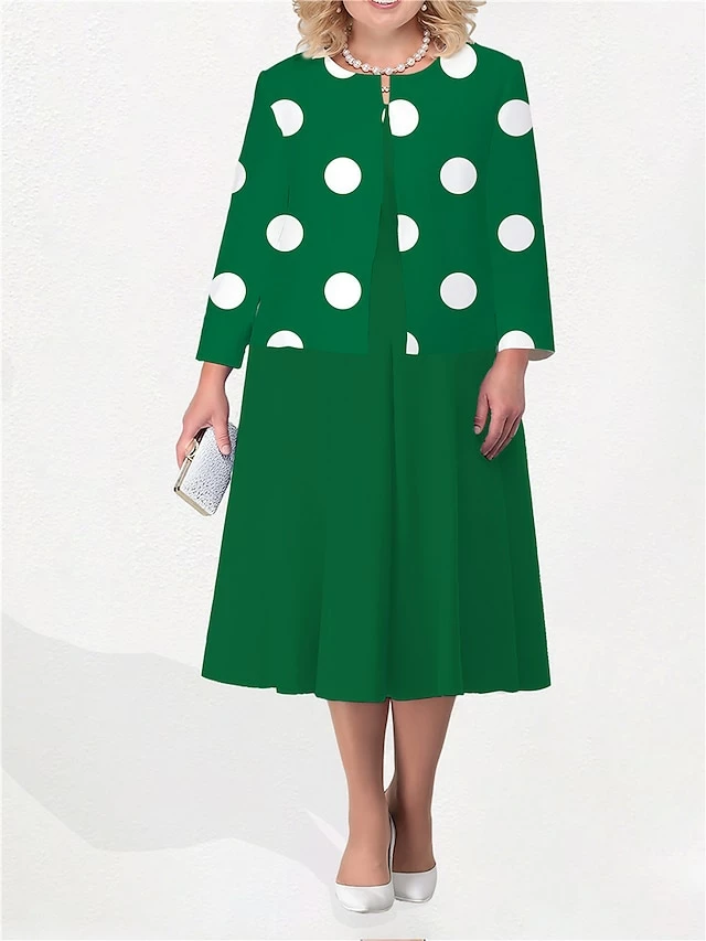 Women's Plus Size Curve Two Piece Dress Set Casual Dress Print Dress Outdoor Office Fashion Streetwear Print Midi Dress Crew Neck Long Sleeve Polka Dot White Yellow Fuchsia Fall Winter L XL XXL 4 Women's Plus Size Curve Two Piece Dress Set Casual Dress Print Dress Outdoor Office Fashion Streetwear Print Midi Dress Crew Neck Long Sleeve Polka Dot White Yellow Fuchsia Fall Winter L XL XXL - Image 2