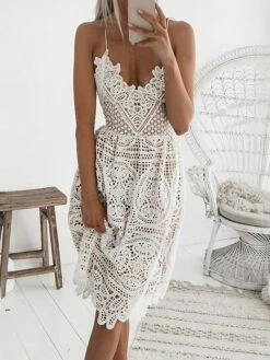 Women's Party Dress Lace Dress White Dress Midi Dress Black White Sleeveless Pure Color Lace Spring Summer V Neck Party S M L XL