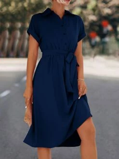 Women's Shirt Dress Casual Dress Midi Dress Outdoor Daily Date Polyester Casual Classic Shirt Collar Lace Up Ruched Short Sleeve Summer Spring 2023 Loose Fit Black Blue Rose Red Plain S M L XL -LIGHTINTHEBOX Shop hlcoxc1677739299446