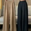 Women's Dress Pants Wide Leg Maillard Trousers Full Length Pocket Baggy Micro-elastic High Waist Fashion Streetwear Work Street Black Blue M L Summer Fall -LIGHTINTHEBOX Shop hlfzrg1690199985913