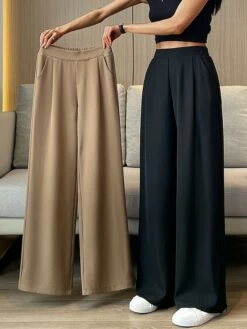 Women's Dress Pants Wide Leg Maillard Trousers Full Length Pocket Baggy Micro-elastic High Waist Fashion Streetwear Work Street Black Blue M L Summer Fall