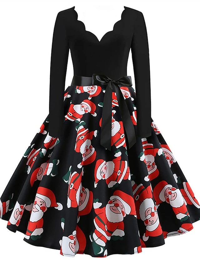 Women's Christmas Retro 1950s Vintage Dress Midi Dress Party Ruched Bow Fruit V Neck Long Sleeve Regular Fit Fall Winter 2023 Deep Green Black S M L XL 8 Women's Christmas Retro 1950s Vintage Dress Midi Dress Party Ruched Bow Fruit V Neck Long Sleeve Regular Fit Fall Winter 2023 Deep Green Black S M L XL - Image 6