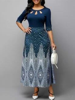 Women's Casual Dress A Line Dress Print Dress Floral Ombre Hollow Out Print Crew Neck Long Dress Maxi Dress Fashion Streetwear Outdoor Street 3/4 Length Sleeve Slim Blue Purple Green Fall S M L XL XXL