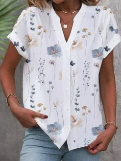 Women's Shirt Blouse White Yellow Navy Blue Floral Button Print Short Sleeve Casual Holiday Streetwear V Neck Regular Fit Floral