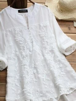 Women's Shirt Blouse White Yellow Lace Button Long Sleeve Casual Daily Basic Elegant Casual Round Neck Regular S