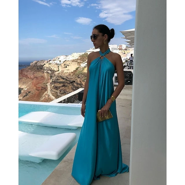 Women's Party Dress Satin Dress Long Dress Maxi Dress Blue Orange Green Sleeveless Pure Color Backless Summer Spring Halter Neck Fashion Loose Fit 2023 S M L XL 5 Women's Party Dress Satin Dress Long Dress Maxi Dress Blue Orange Green Sleeveless Pure Color Backless Summer Spring Halter Neck Fashion Loose Fit 2023 S M L XL - Image 3