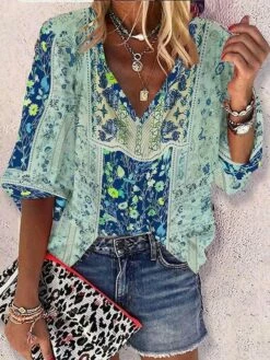 Women's Shirt Blouse Pink Red Blue Graphic Floral Print Short Sleeve Casual Holiday Vintage Boho V Neck Regular Fit Floral