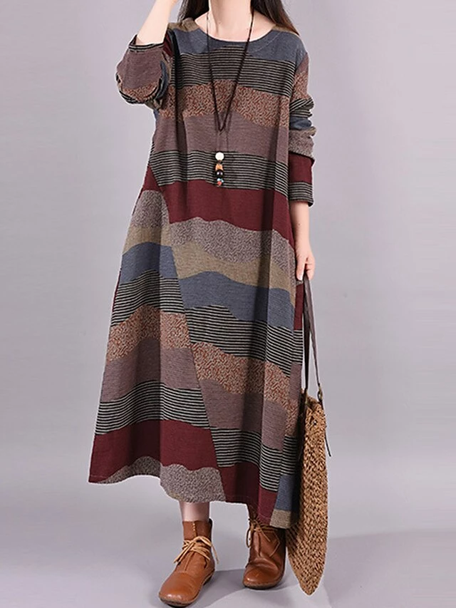 Women's Casual Dress Cotton Linen Dress Loose Dress Midi Dress Cotton Basic Classic Outdoor Daily Vacation Crew Neck Print Long Sleeve Spring Fall Winter 2023 Loose Fit Wine Brown Striped M L XL 2XL 10 Women's Casual Dress Cotton Linen Dress Loose Dress Midi Dress Cotton Basic Classic Outdoor Daily Vacation Crew Neck Print Long Sleeve Spring Fall Winter 2023 Loose Fit Wine Brown Striped M L XL 2XL - Image 8