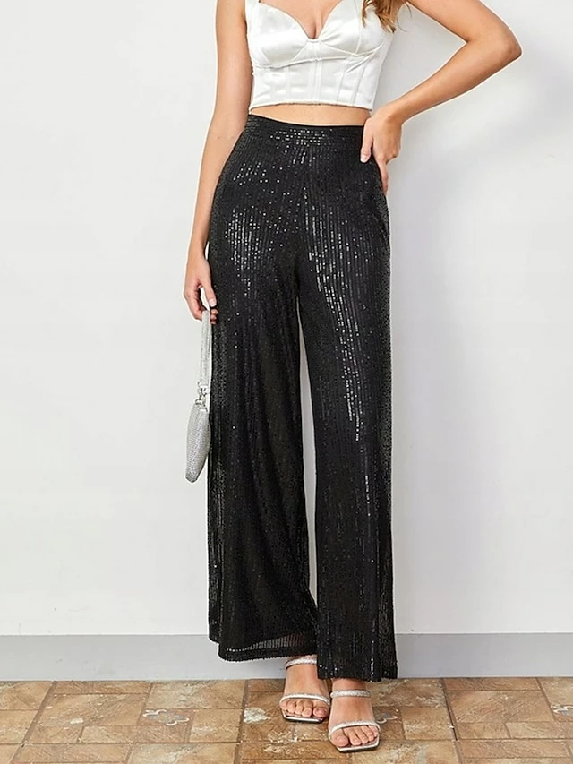 Women's Wide Leg Pants Sequin Trousers Black Mid Waist Fashion Streetwear Party Street Daily Micro-elastic Full Length Breathability Plain S M L XL 6 Women's Wide Leg Pants Sequin Trousers Black Mid Waist Fashion Streetwear Party Street Daily Micro-elastic Full Length Breathability Plain S M L XL - Image 4