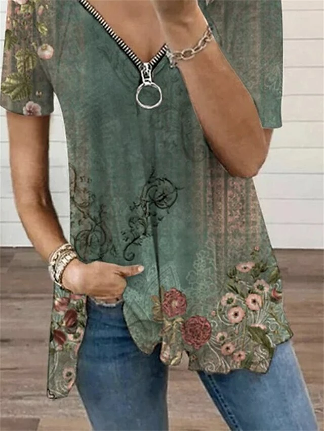 Women's T Shirt Tee Blue Purple Orange Floral Quarter Zip Print Short Sleeve Casual Holiday Basic V Neck Regular Fit Floral Sleeveless 4 Women's T Shirt Tee Blue Purple Orange Floral Quarter Zip Print Short Sleeve Casual Holiday Basic V Neck Regular Fit Floral Sleeveless - Image 2