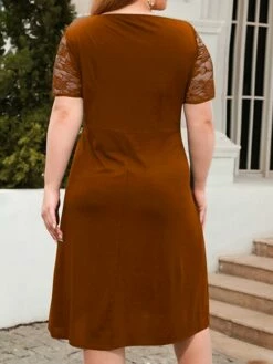 Women's Plus Size Curve Party Dress Lace Dress Semi Formal Dress Solid Color Midi Dress Short Sleeve Lace Crew Neck Fashion Party ArmyGreen Black Fall Winter XL XXL 3XL 4XL -LIGHTINTHEBOX Shop hqcbhm1695813615404
