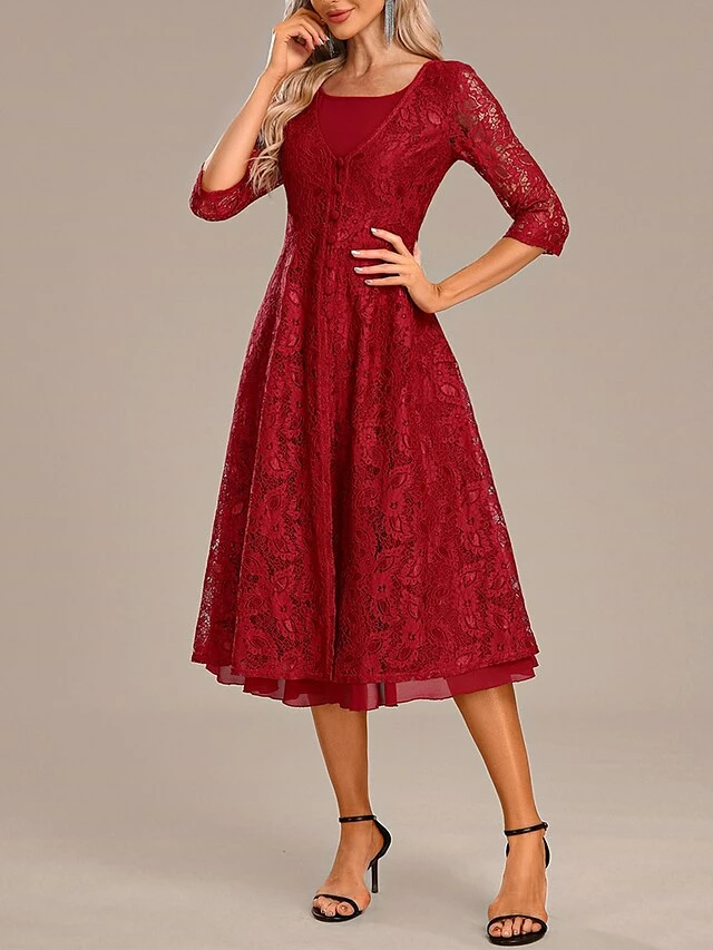 Women's Party Dress Lace Dress Cocktail Dress Midi Dress Red 3/4 Length Sleeve Pure Color Lace Spring Fall Winter Crew Neck Fashion Winter Dress Christmas Wedding Guest 2023 S M L XL XXL 3XL 8 Women's Party Dress Lace Dress Cocktail Dress Midi Dress Red 3/4 Length Sleeve Pure Color Lace Spring Fall Winter Crew Neck Fashion Winter Dress Christmas Wedding Guest 2023 S M L XL XXL 3XL - Image 6