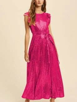 Women‘s Prom Dress Party Dress Sequin Dress Long Dress Maxi Dress Rose Short Sleeve Pure Color Sparkly Glitter Lace Up Fall Winter Autumn Crew Neck Fashion Evening Party Vacation 2023 S M L X