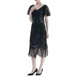 Women's Retro 1920s Fringe Dress Midi Dress Party Halloween Sequins Tassel Fringe Floral V Neck Short Sleeve Regular Fit Spring Fall 2023 Black Red S M L XL -LIGHTINTHEBOX Shop hrtjmz1692849725014