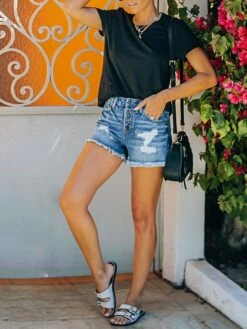 Women's Jeans Shorts Denim Blue Mid Waist Fashion Weekend Streetwear Tassel Fringe Side Pockets Micro-elastic Short Comfort Solid Color S M L XL XXL / Cut Out -LIGHTINTHEBOX Shop hrtzql1650877674436